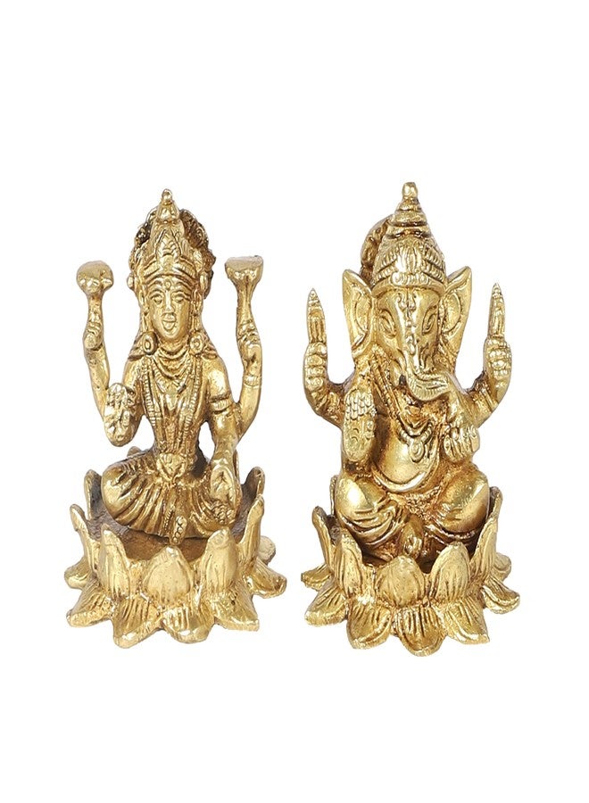 Two Moustaches 3.5 Inches Brass Laxmi Ganesha on Lotus Set, Ganesha Laxmi Idol Set for Home/Temple, Diwali & Housewarming Gifts, Standard, Pack of 2 - Image 1